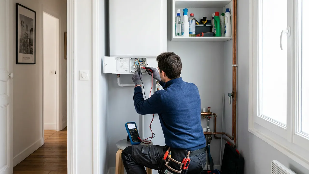 Plombier diagnostiquant un chauffe-eau mural au multimètre, contrôle du thermostat et de la résistance, à Ivry-sur-Seine