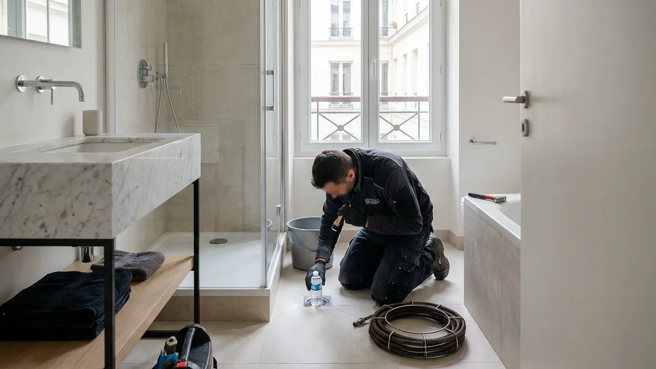 Plombier vérifiant la garde d'eau d'un siphon de sol dans la salle de bain d'un logement d'Ivry-sur-Seine