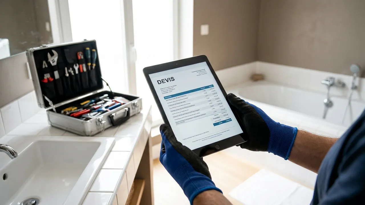 Plombier présentant un devis détaillé sur tablette à un client dans une salle de bain d'Ivry-sur-Seine